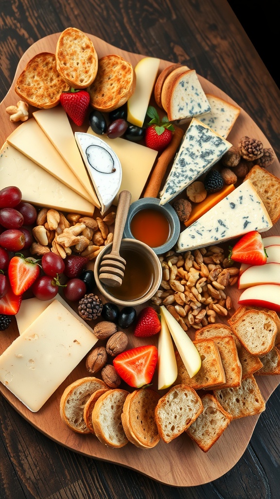 A beautifully arranged cheese board with a variety of cheeses, fruits, nuts, and crackers.